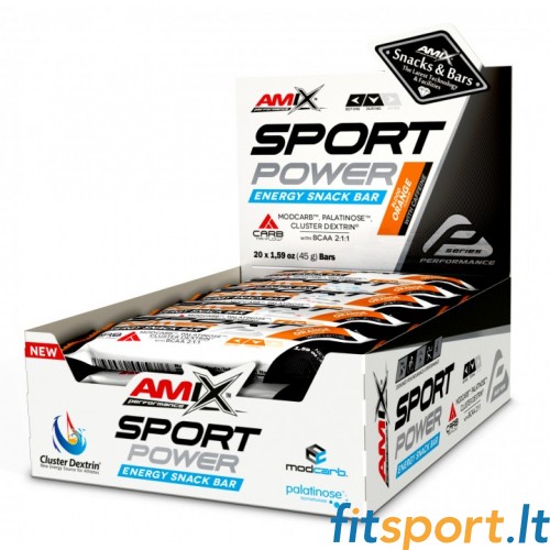 Amix Sport Power Energy uzkodu batoniņš 45 g x 20 (taustiņi ar kofeīnu) 