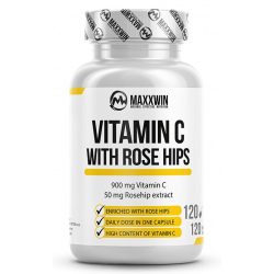 MaxxWin C vitamīns ar mežrozīšu augļiem 120 kapsulas.